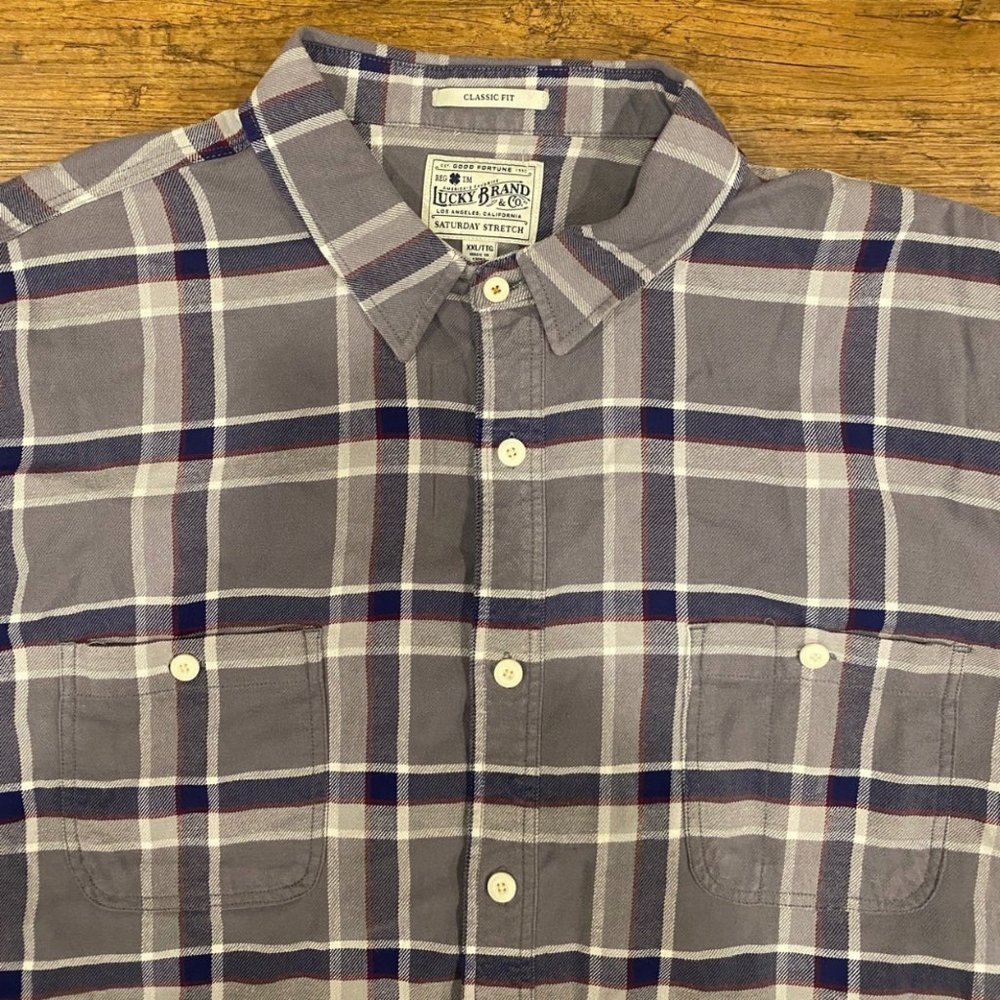 Lucky Brand Gray Navy Classic Fit Saturday Stretch Plaid Flannel Shirt Men's XXL